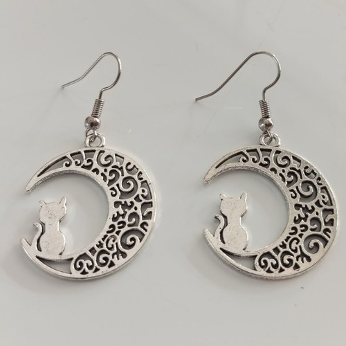 Cat and Moon Earrings new, stainless steel, silver color