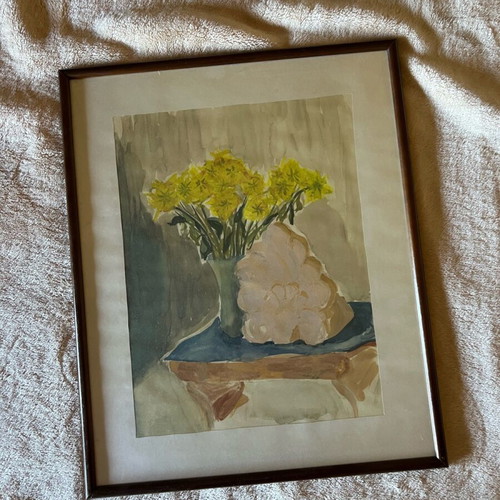 Painting used with still life and bouquet of flowers