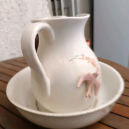 Pitcher with basin used retro 1960s for hand washing