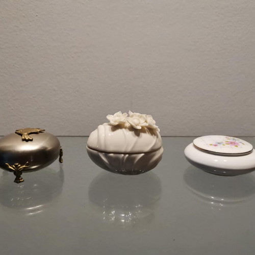 Vintage jewelry boxes used, set of 3, metal and porcelain