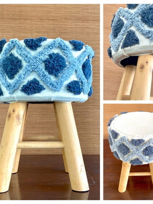 Stool with four wooden legs and blue tassels new