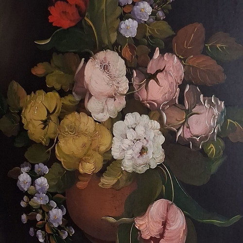 R. Rosini Large Collectible Italian Oil Painting on Wood with Flowers like new