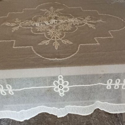 Lace tablecloth used, handmade filet lace, white