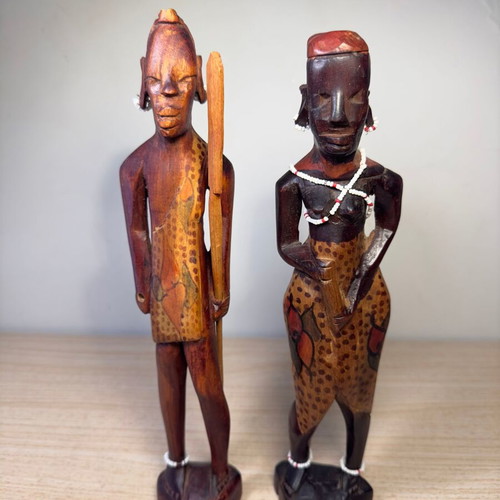 Handmade Maasai couple used, vintage art figures from Kenya 30 cm
