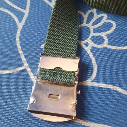 Khaki military-style adjustable belt with gold buckle