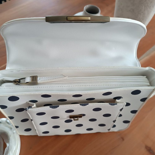 Carpisa crossbody and handheld bag new, white with gray-blue polka dots