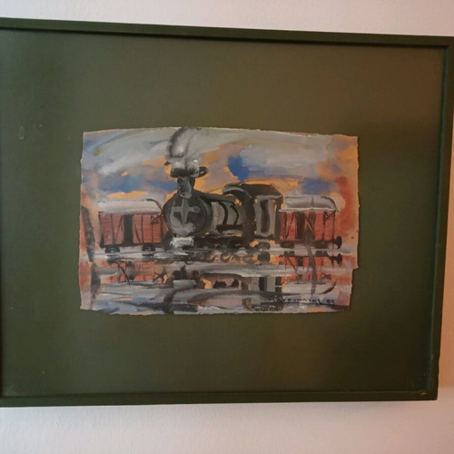 Tempera 1982 Stelios Mavromatis with frame and passepartout