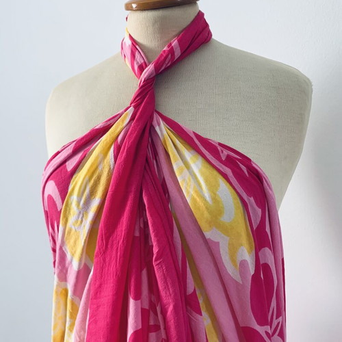 Vintage pareo used, pink and yellow cotton