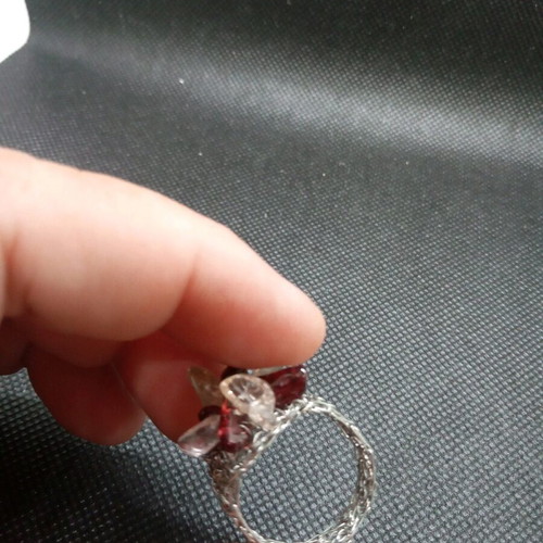 Handmade white metal ring with quartz and garnet semi-precious stones