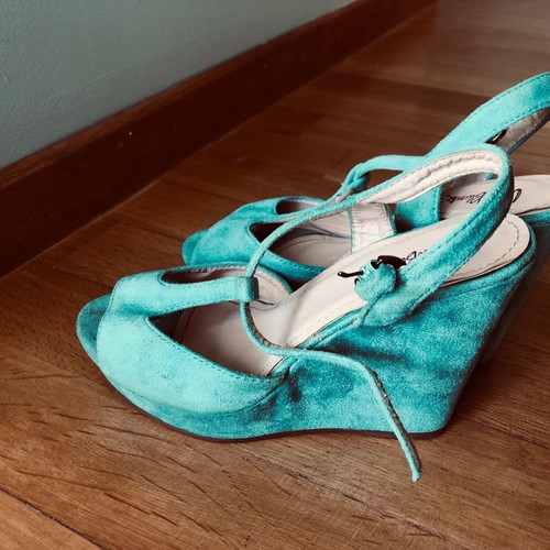 Women's platform sandal used, size 38, turquoise velvet