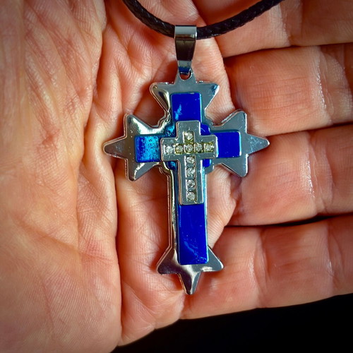 Blue cross pendant with crystals, steel