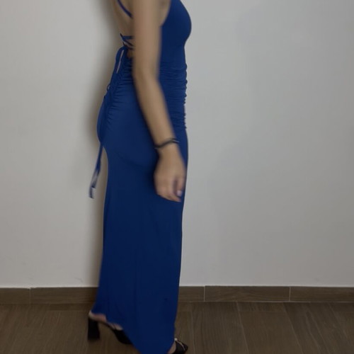 Elastic dress with ruching and open back, new, blue, size M