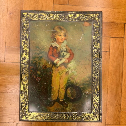 Vintage metal box with child lithograph used
