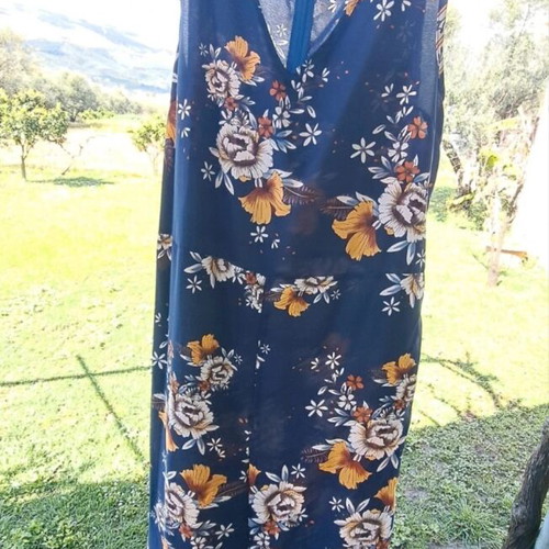 Sleeveless V-Neck Wide Leg Jumpsuit new, navy blue with floral patterns