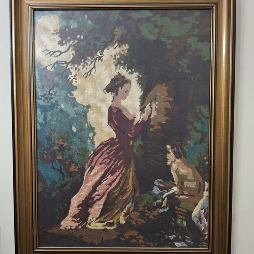 Vintage handmade embroidered framed artwork with historic lady