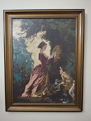 Vintage handmade embroidered framed artwork with historic lady