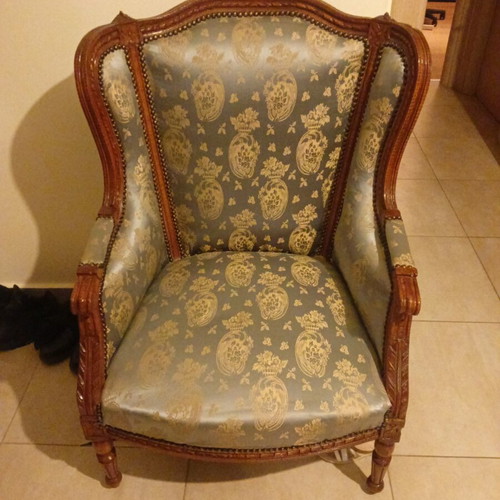 Bergere armchairs used, set of 2, solid wood, one with fabric wear