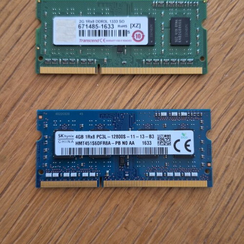 DDR3L SODIMM memory modules used, SK Hynix 4GB and Transcend 2GB