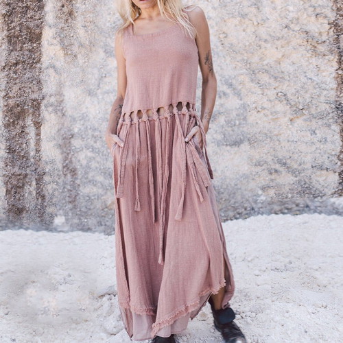 Long linen dress like new by local designer, size XS-S, brown and pink