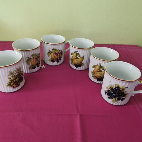 Vintage porcelain coffee or tea mugs with gold trim and fruit design, set of 6