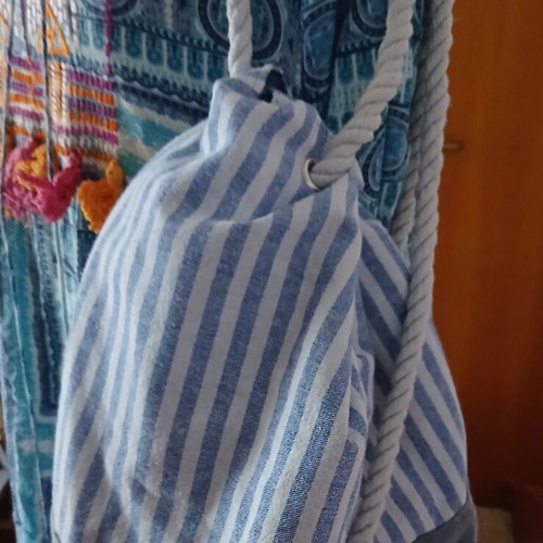 Striped white and blue shoulder beach bag