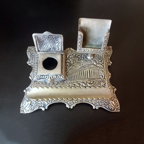 Vintage metal desk set with inkwell and embossed Parthenon used