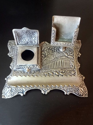 Vintage metal desk set with inkwell and embossed Parthenon used