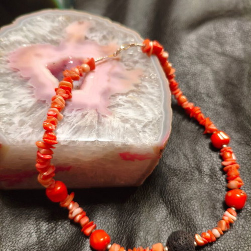 Handmade coral, lava & 925 silver necklace, 44 cm