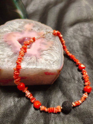 Handmade coral, lava & 925 silver necklace, 44 cm