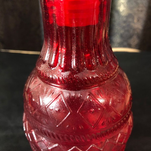 Ruby Red Cut Glass Decanter with Diamond Quilted Pattern and Airtight Stopper