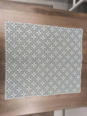 Table runner with two napkins new, white canvas with blue geometric design