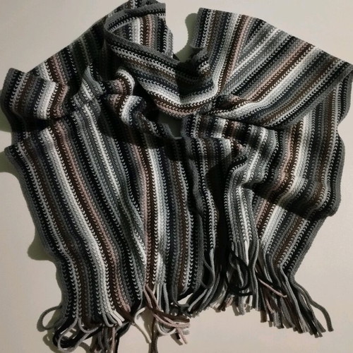 Scarf with stripes and fringes like new, gray and brown