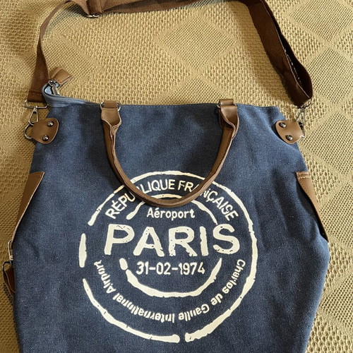 Vintage-style canvas tote bag shoulder, new, white and blue