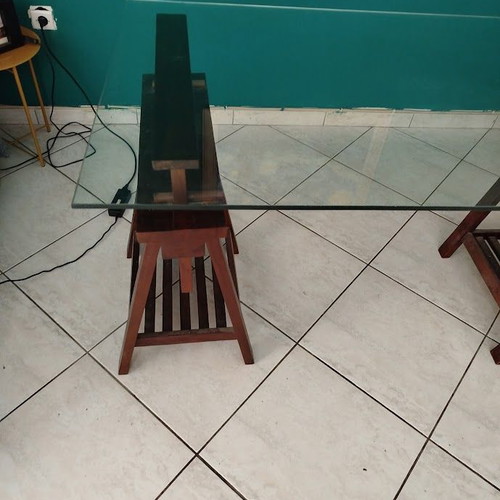 Desk with Glass Top on Two Sawhorses Like New
