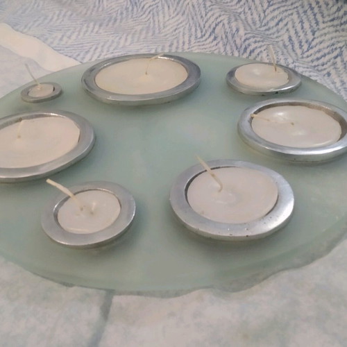 Large table candlestick like new, blown glass and solid aluminum