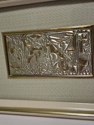 Guernica embossed metal plaque decoration like new with gilded details