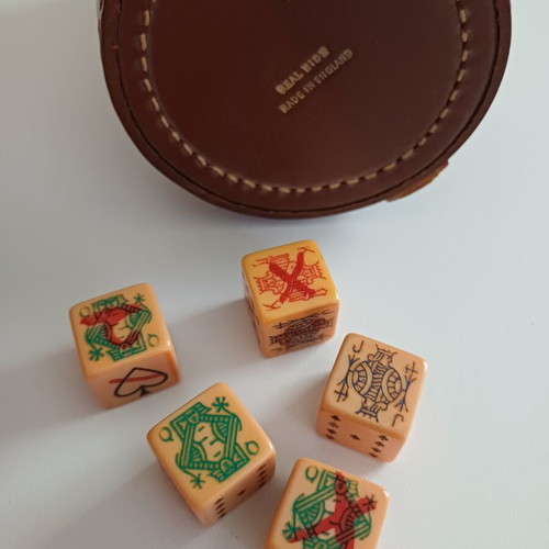 Vintage leather poker set with dice, real hide, made in England, like new