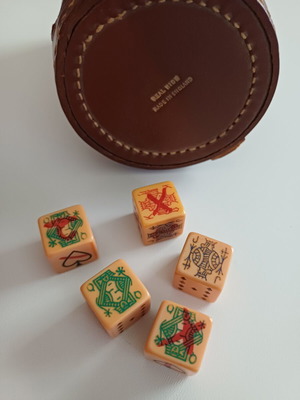 Vintage leather poker set with dice, real hide, made in England, like new