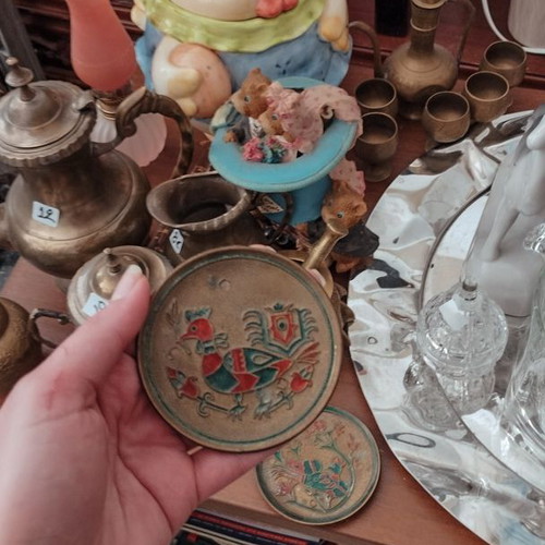 Vintage small decorative plates set with colorful enamel and birds like new