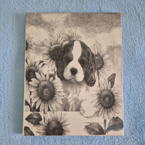 Vintage wall canvas with Cavalier King Charles Spaniel puppy and sunflowers