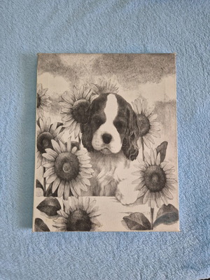 Vintage wall canvas with Cavalier King Charles Spaniel puppy and sunflowers