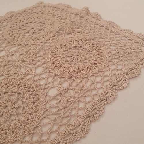 Handmade knitted table runner used, beige 50x30 cm