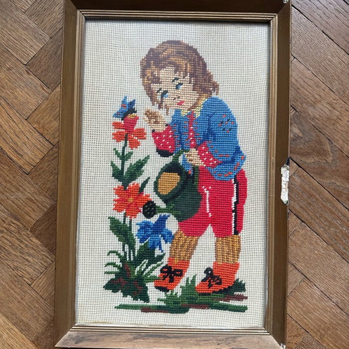 Frames with handmade gobelin embroidery used, set of 2, retro