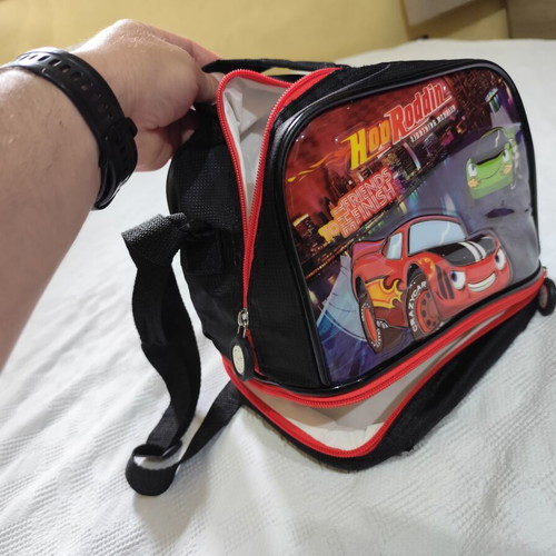Insulated lunch bag used, bootleg Cars design for kids