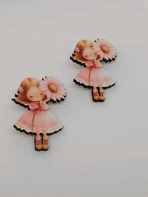 Wooden earrings girl with flower, new, 5 cm, stainless steel clasp