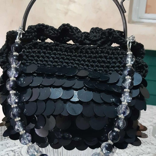 Handmade evening bag new, black with sequins and glass beads
