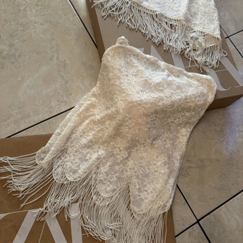 Zara asymmetric beaded lace top and fringe lace skirt set, new, ecru
