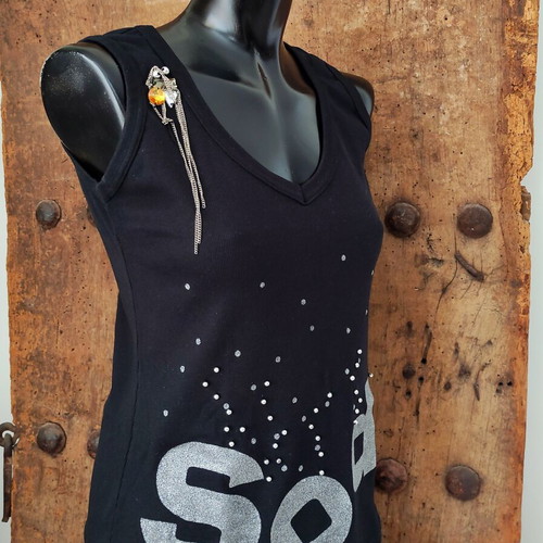 Y2k Black Rock Chic Tank Top with Silver Glitter Slogan and Brooch