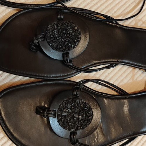 Flat sandals black lace-up with boho decorative design, like new