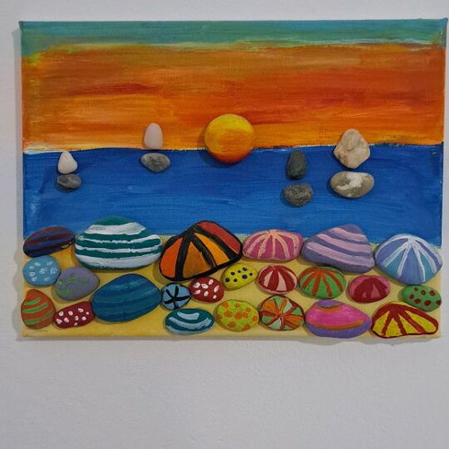 Pebbles on Canvas Painting like new, sunset beach 30x20 cm